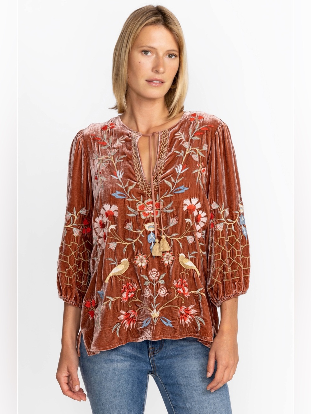 Johnny Was Clara Velvet Embroidered Peasant Silk/Rayon Blouse w/ Tassels. Sz XS